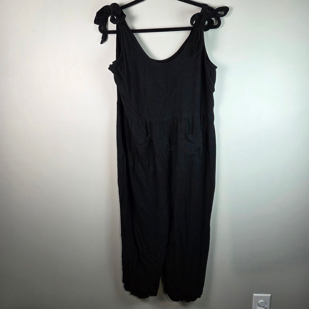 ZESICA Jumpsuit Women L Black Excellent Tie Shoulder Linen Blend Boho Romper
